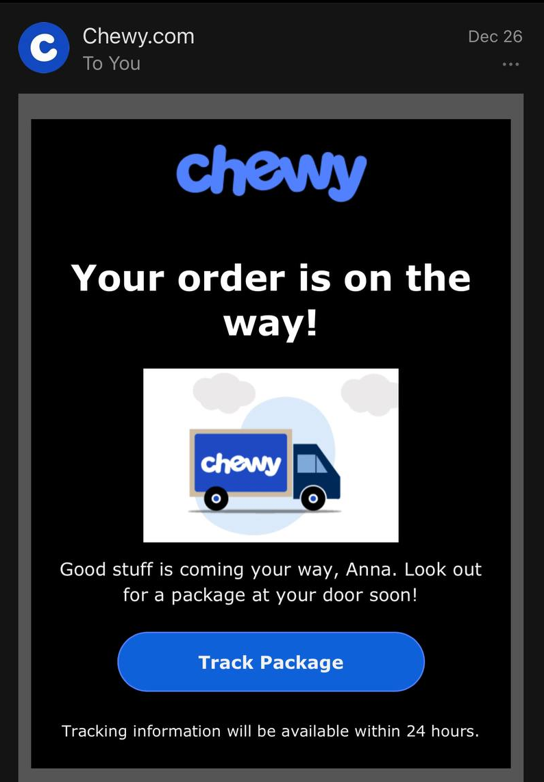 Order delivery transactional email from Chewy